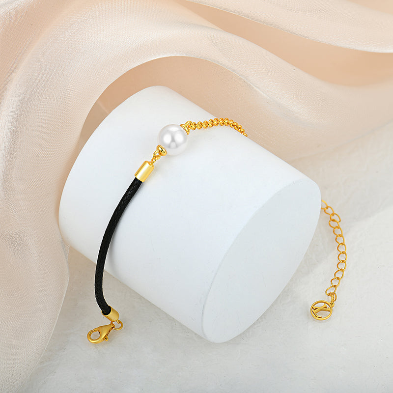 Gold And Leather Pearl Charm Bracelet