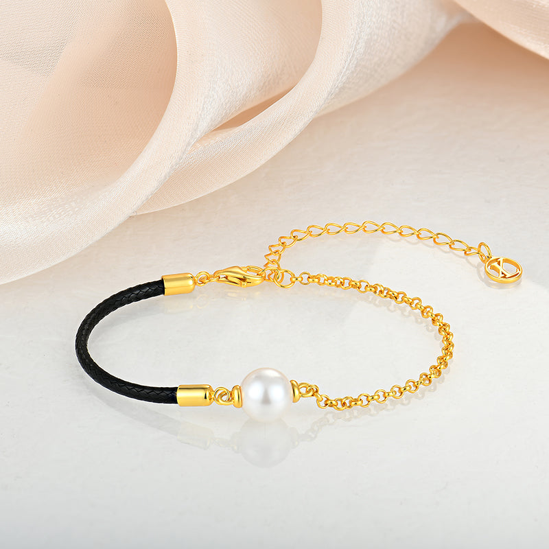 Gold And Leather Pearl Charm Bracelet