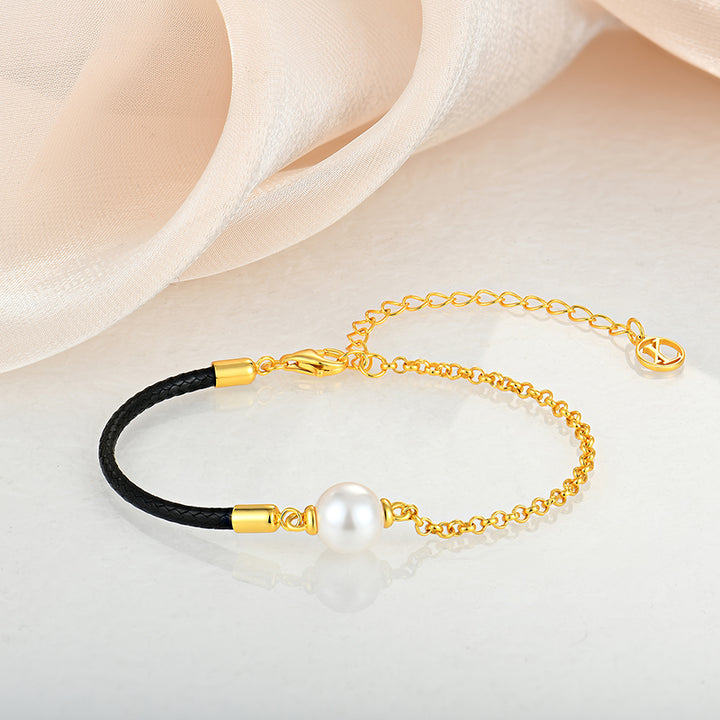 Gold And Leather Pearl Charm Bracelet